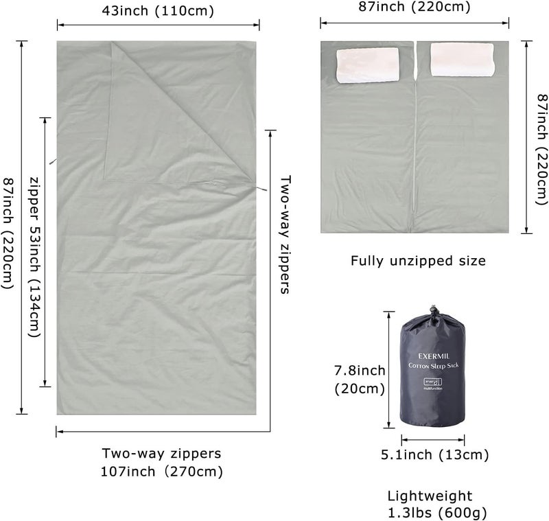 EXERMIL 100% Cotton Sleeping Bag Liner with Full Length Zipper on 3 Sides; Single/Double Adult Sleep Sack for Travel & Camping, Multifunctional Travel Sheets (Unzipped 87”x87”) for Hotel, Lightweight - Image 2